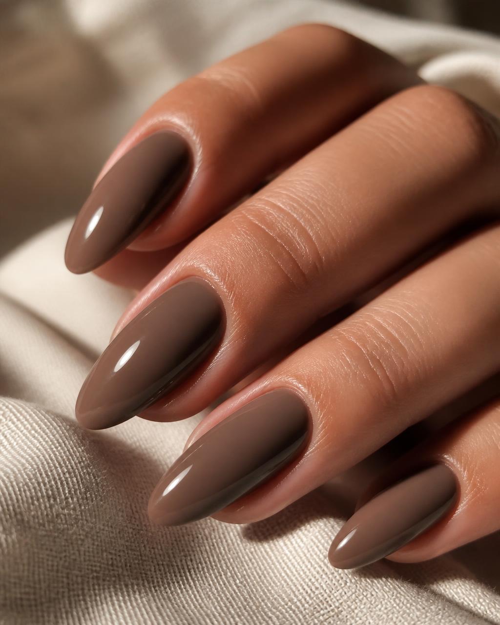 Freshly rebalanced acrylic almond nails in a glossy mocha shade