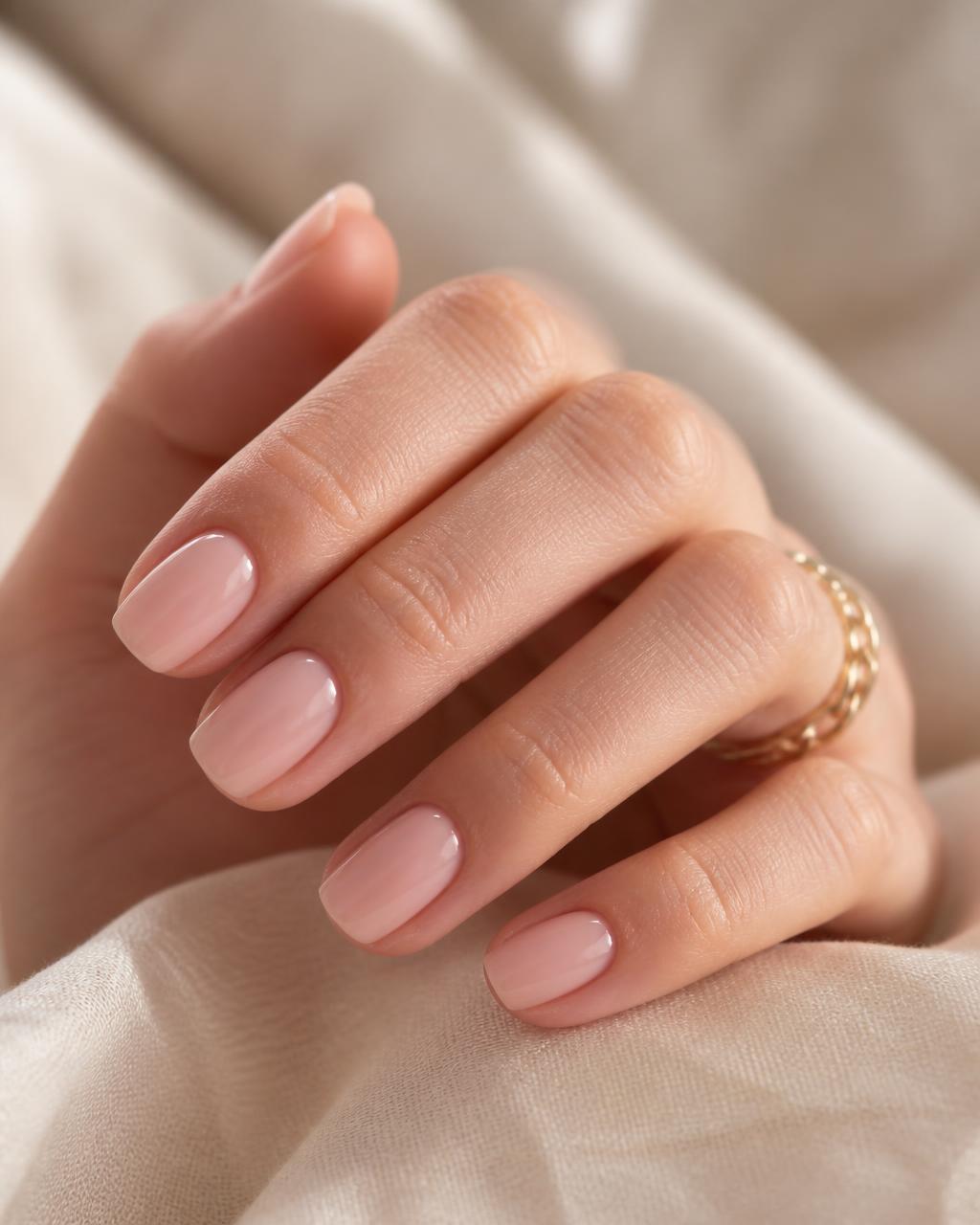 Short natural nails with one solid glossy nude-pink Shellac colour
