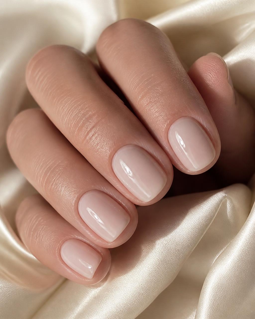 Short natural nails with a smooth milky beige acrylic overlay