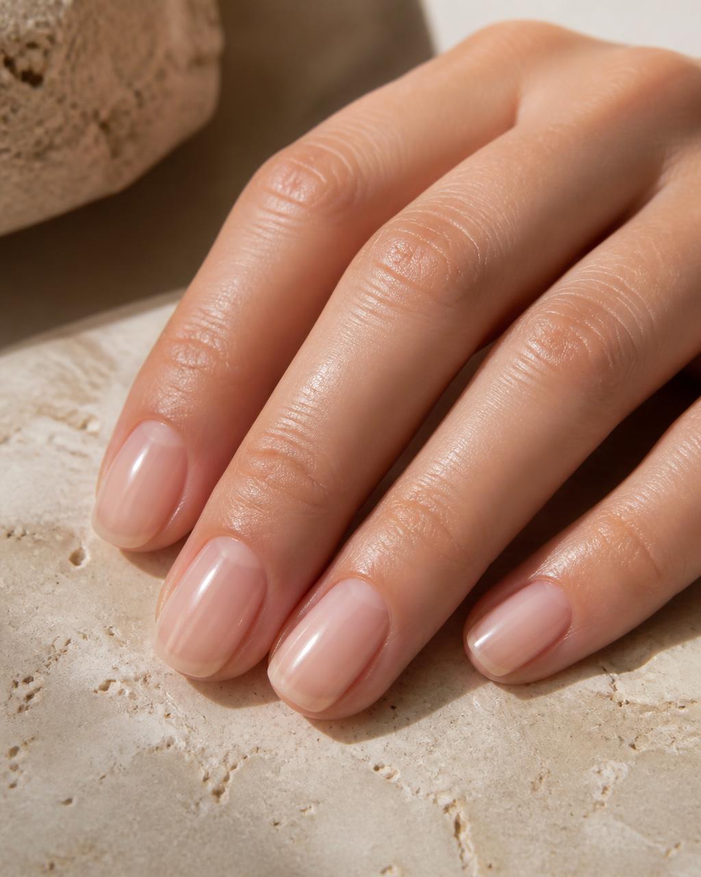 Natural-length nails with a clear hard gel overlay and soft milky sheen