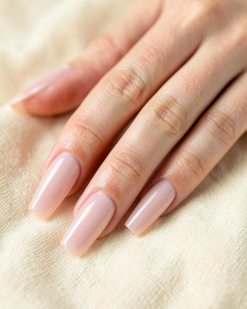 Long sculpted hard gel extensions in a sheer glossy nude, tapered square shape
