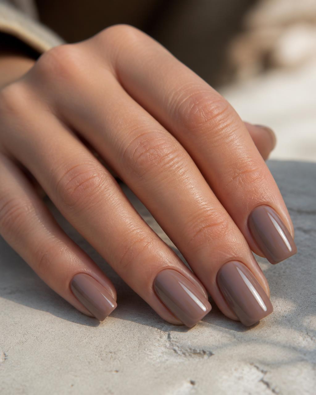 Freshly maintained hard gel nails in a glossy warm taupe finish