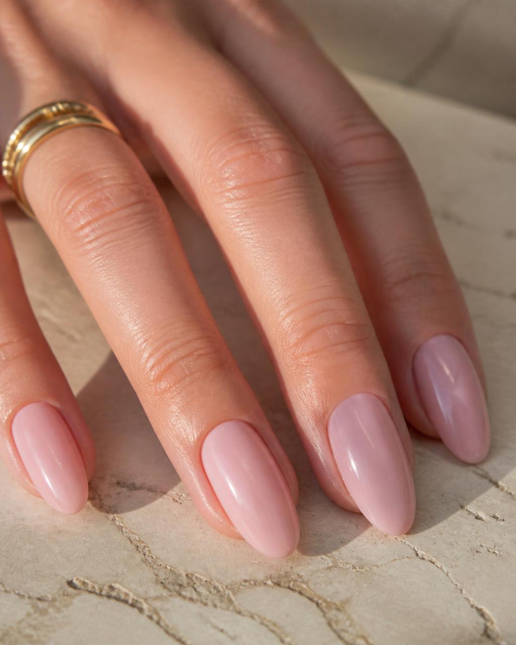 Medium-length sculpted acrylic almond nails in a soft milky pink
