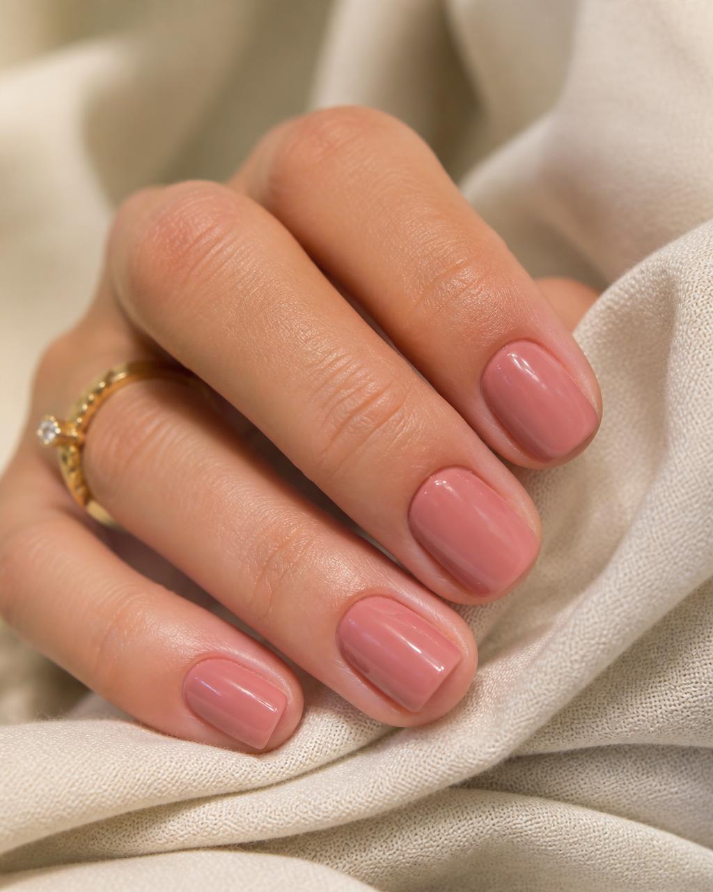 Short bio gel nails with a glossy soft rose finish after a refill
